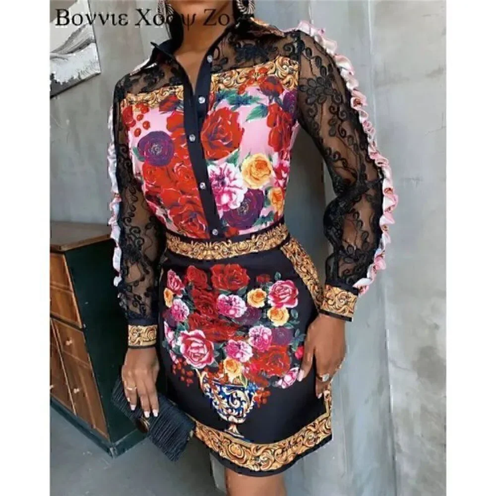 Vintage Floral Flower Collar Floral Print Lace Ruffles Top & Skirt XXL EURO